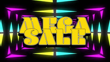 Animation-Von-Mega-Sale-Text-über-Kaleidoskopischen-Bunten-Formen-Auf-Schwarzem-Hintergrund