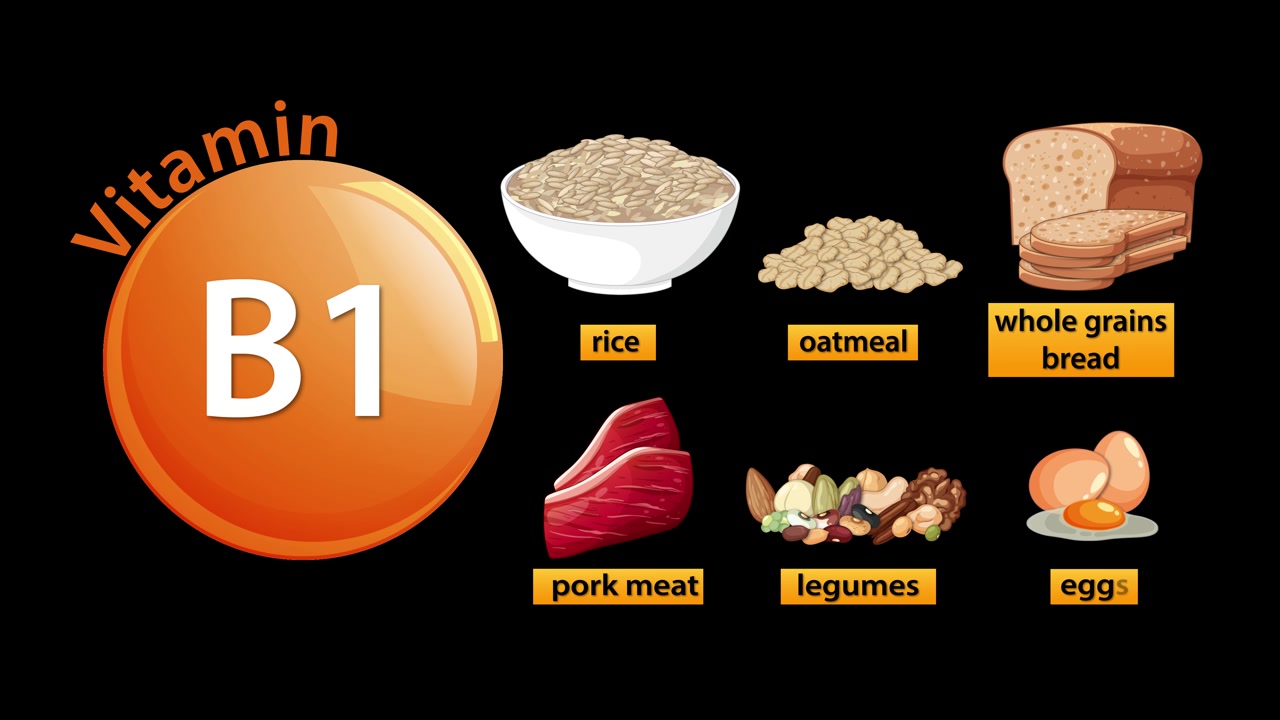 Animated infographic reveals Vitamin B1 food sources with labeled illustrations, smooth transitions, and black background