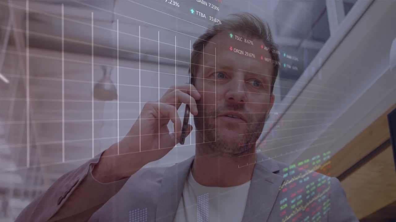 Animation of stock market data processing over caucasian businessman talking on smartphone
