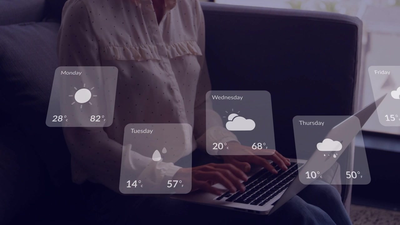 Woman typing on laptop and causing faded weather cards to slide over hands, checking forecast