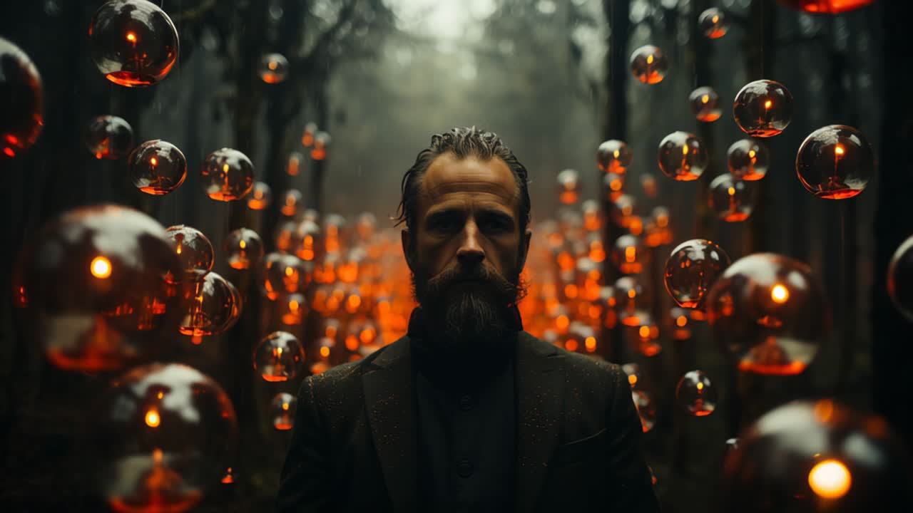 Mysterious man in a forest surrounded by glowing orbs
