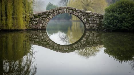 a serene reflection of a stone arch bridge over a calm lake surrounded by lush greenery and soft fog in a tranquil landscape