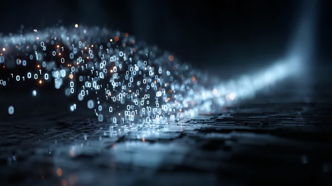 Un viaggio surreale attraverso un regno digitale: una visualizzazione astratta di codice binario che fluttua su una superficie futuristica, catturando l'essenza della tecnologia e del flusso di dati