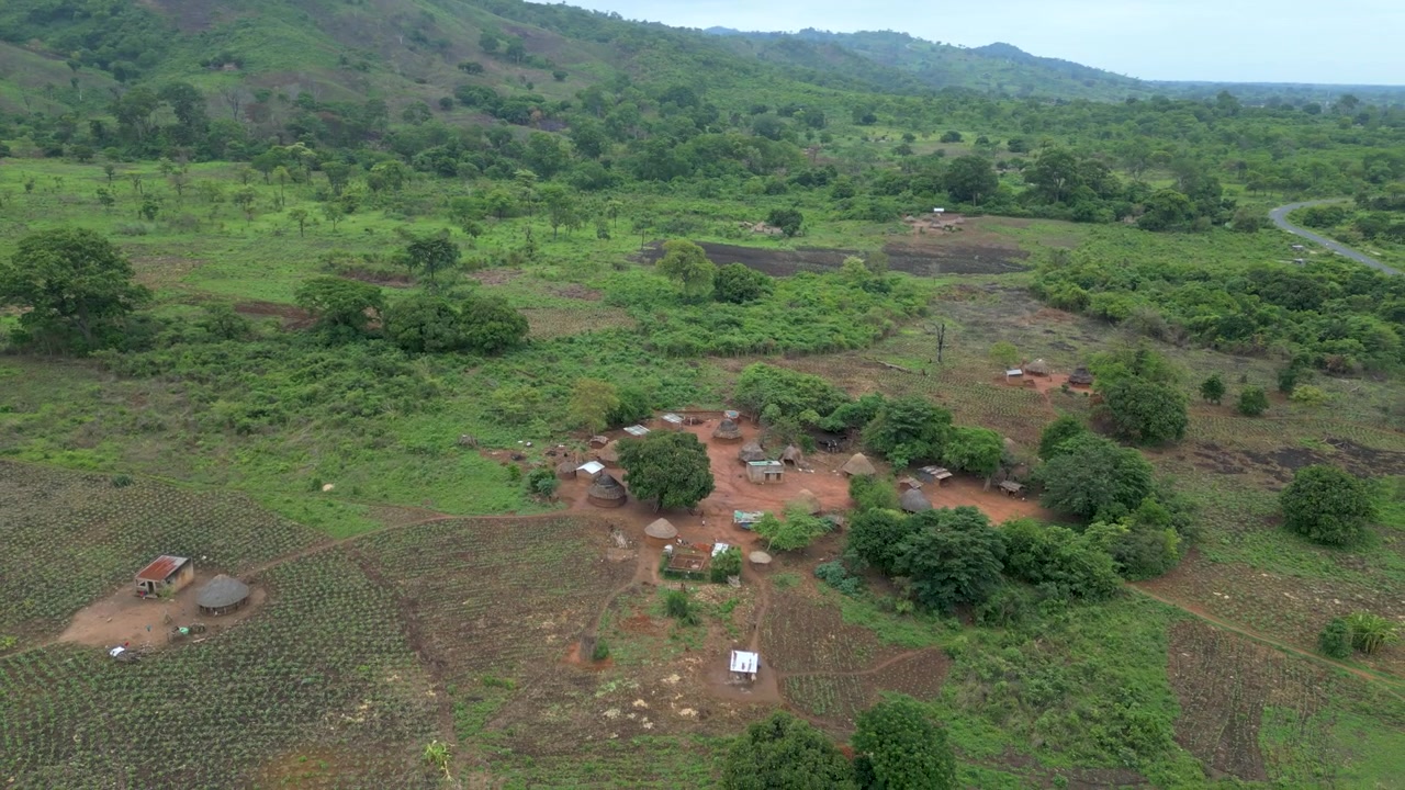 A rural village with traditional huts is nestled in a green landscape. Ideal for cultural documentaries and educational content.