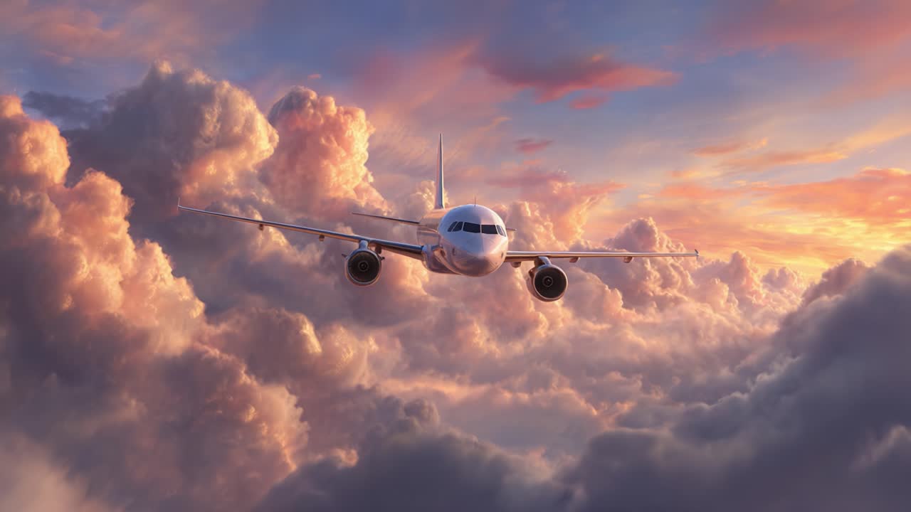 Un impresionante avión se eleva entre nubes coloridas al atardecer, capturando la esencia del vuelo en un hermoso cielo para que todos los entusiastas de la aviación lo disfruten