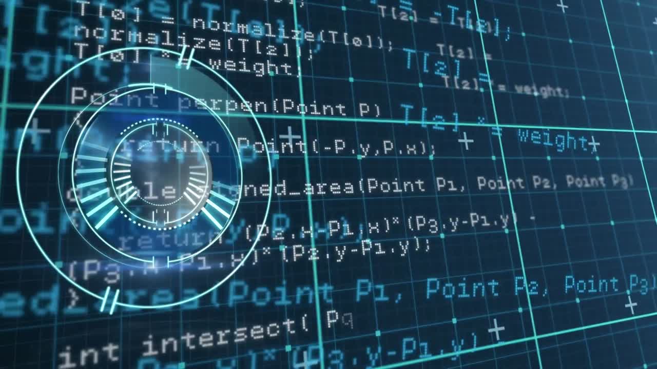 Animation of loading circles over grid pattern against computer language on abstract background