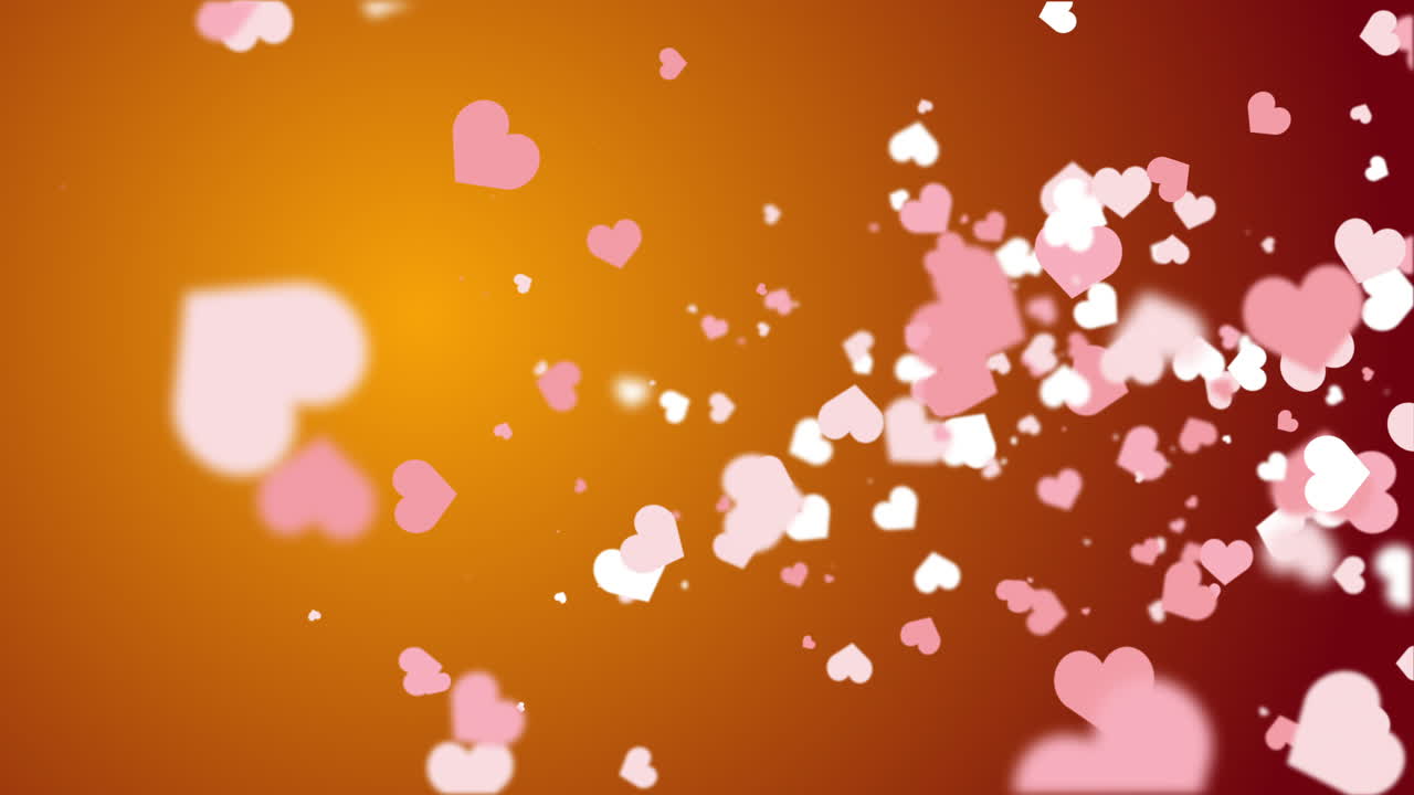 Flying romantic red hearts of different sizes. Animated abstract orange background. Looped video. Concept for valentine's day, wedding.