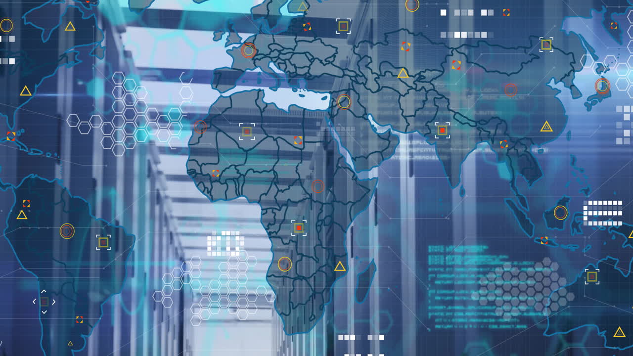 Animation of data processing over world map and server room