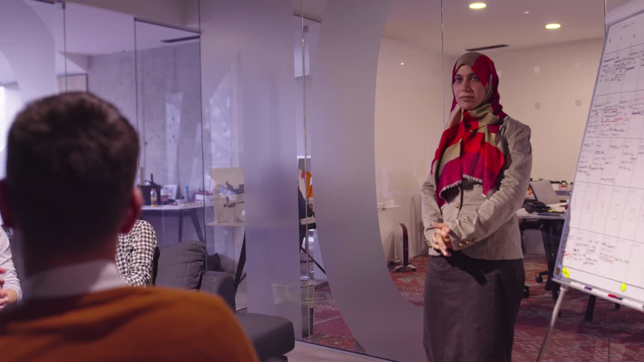 mujer musulmana en una moderna oficina de coworking de espacio abierto dando una presentación al equipo. mujer de negocios árabe de oriente medio en una oficina de startup creativa. empresario discapacitado en silla de ruedas en una reunión de equipo