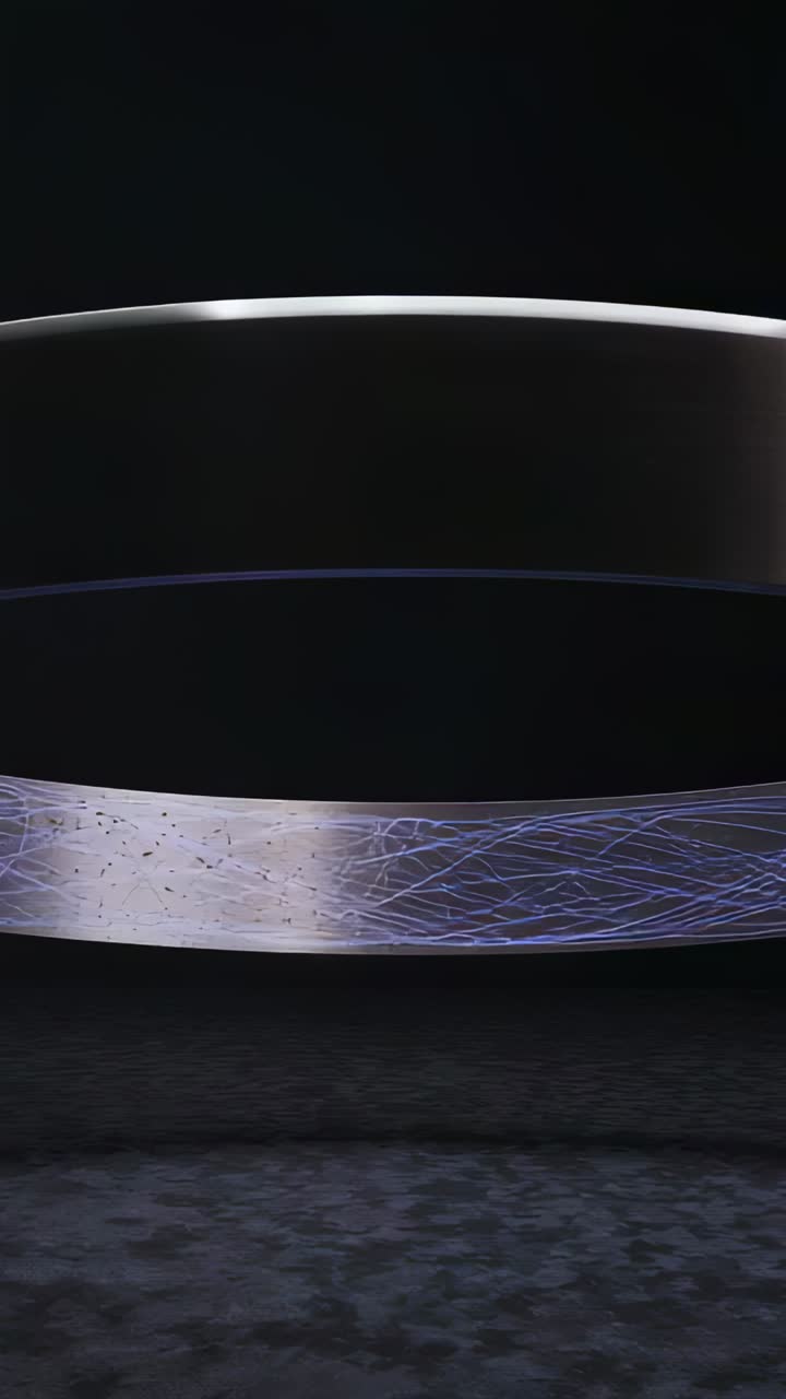 Vertical video: Glowing glass ring starting with blue strands, forming metal strip on dark stage