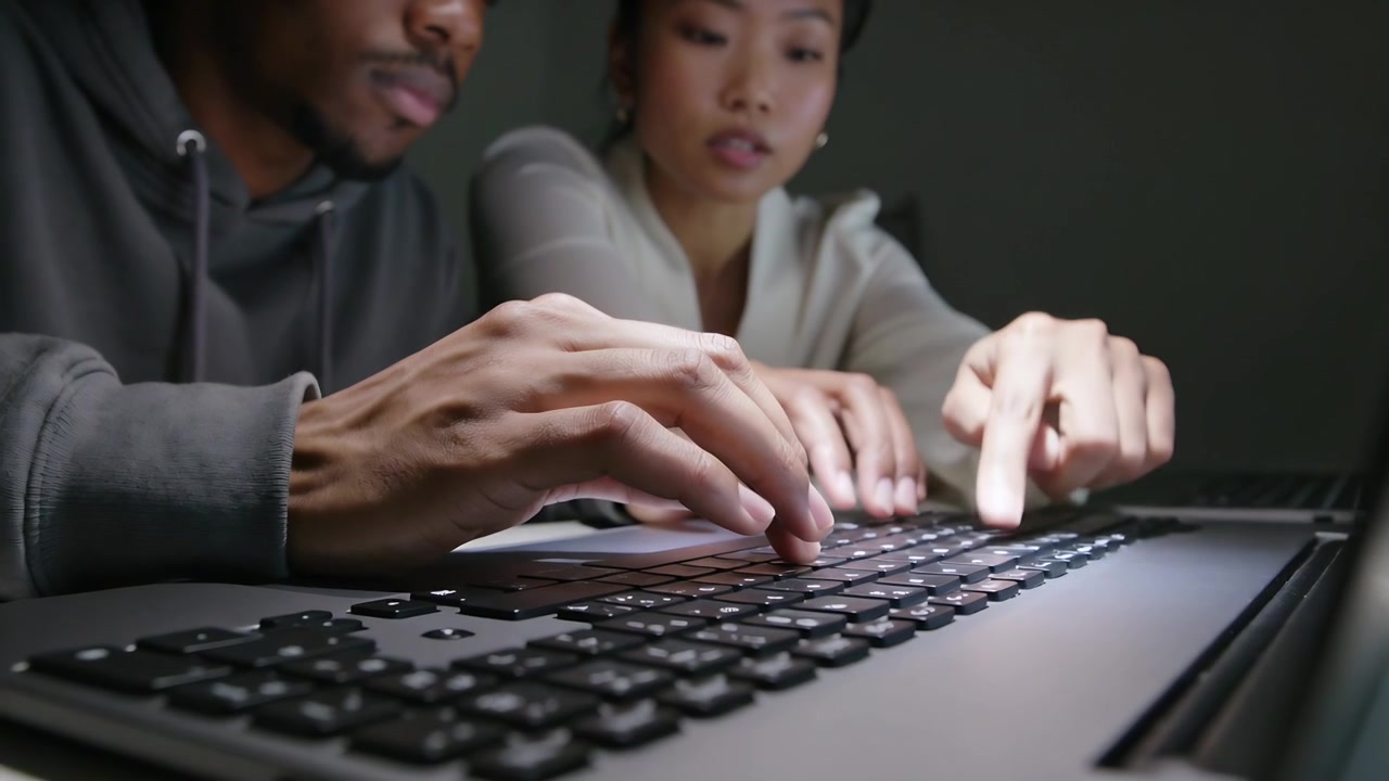 Typing man in dark hoodie following woman in light blouse guiding at desk, laptop keyboard closeup