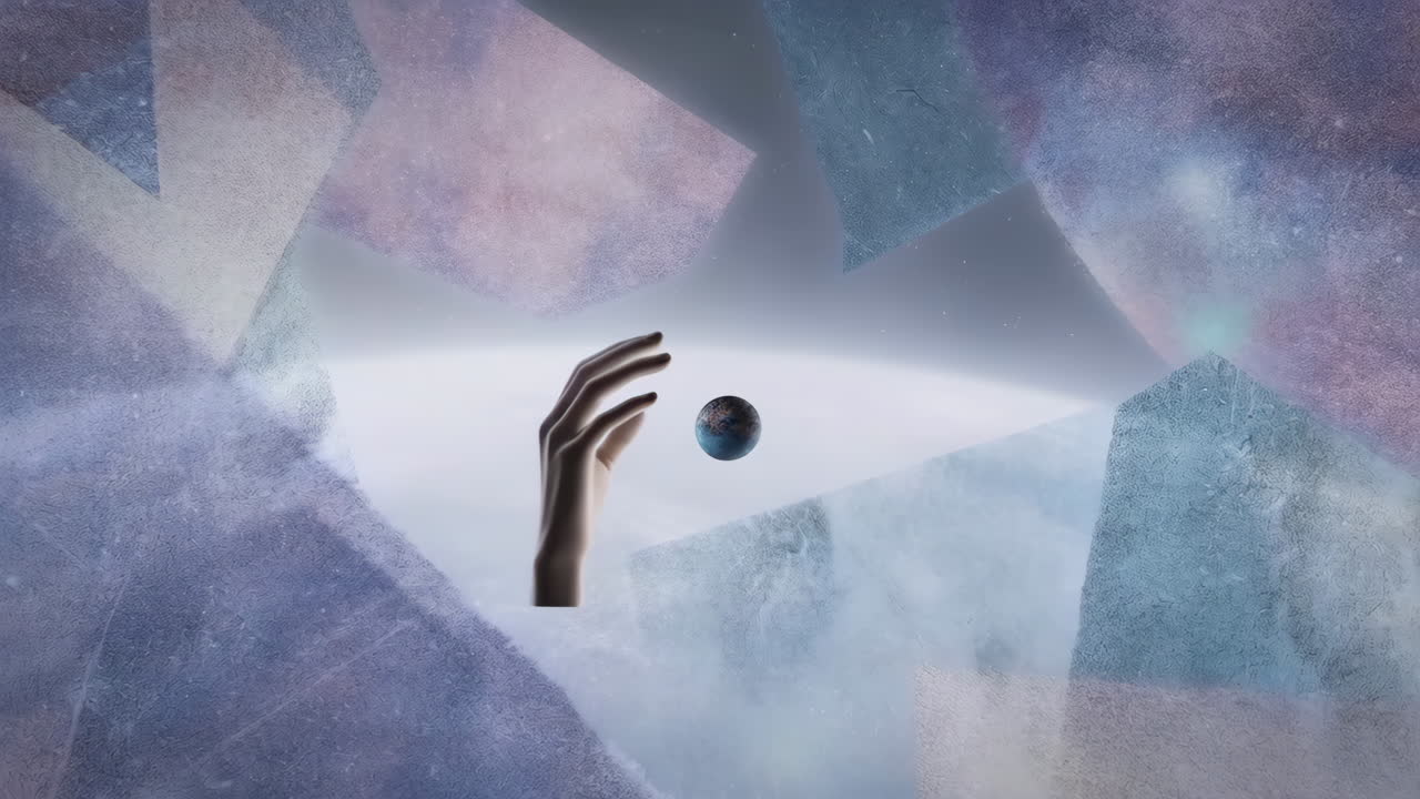 Hand Reaching for a Planet in an Abstract Cosmic Space