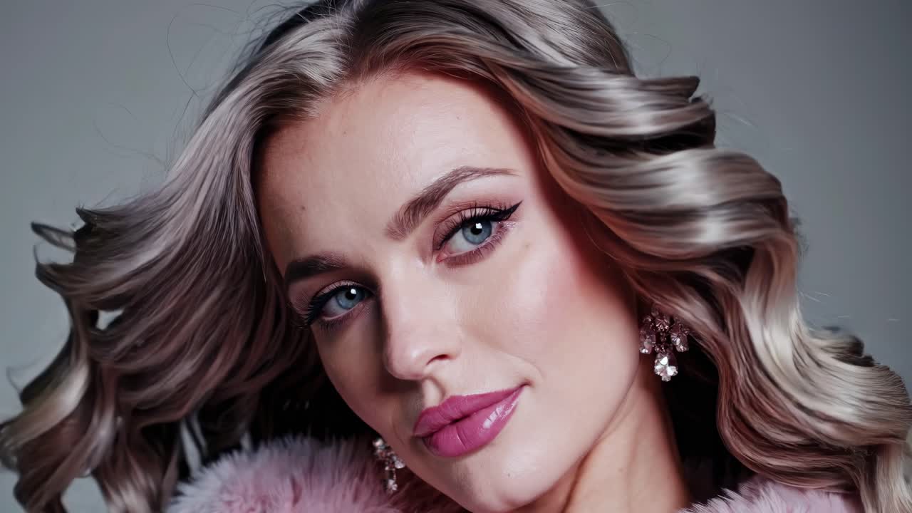 Glamorous and elegant fashion model posing with wavy blonde hair, pink fur clothing, and sparkling diamond earrings, exuding sophistication and style in a close up portrait