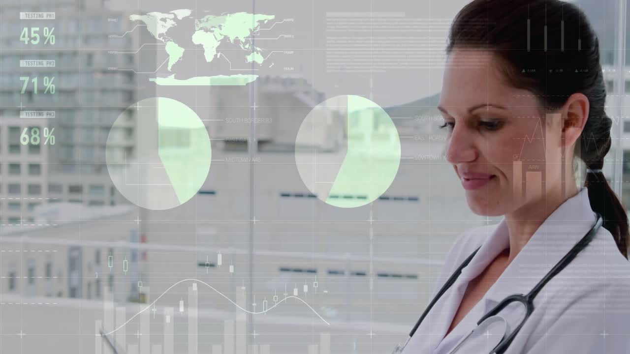 doctor sonriendo a la cámara rodeado por una animación de datos científicos 4k
