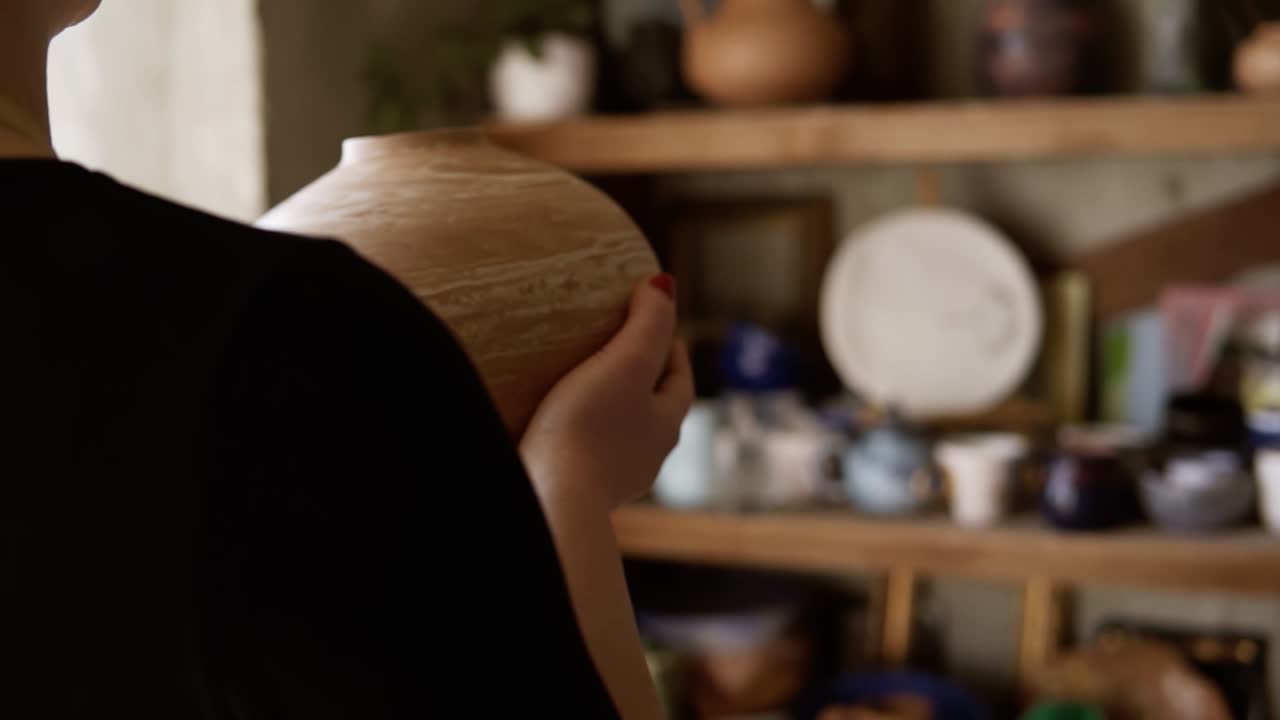 여성 도자기가 스튜디오의 선반에 손으로 만든 꽃병을 놓고, 그녀의 작품에 만족하고, 카메라에 미소 짓는 클로즈업 영상. 슬로우 모션