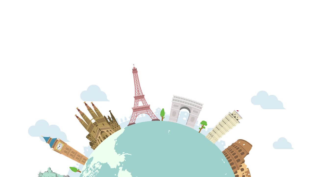 Reisen, Urlaub, Sightseeing Animationsbanner (4K). Weltkulturerbe und weltberühmte Gebäude. Version ohne Text.