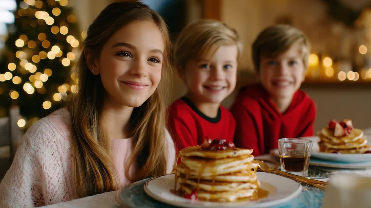 A joyful moment captured at a festive breakfast table, where three children delight in a stack of delicious pancakes topped with syrup and berries, surrounded by warm holiday decorations and a cheerful atmosphere