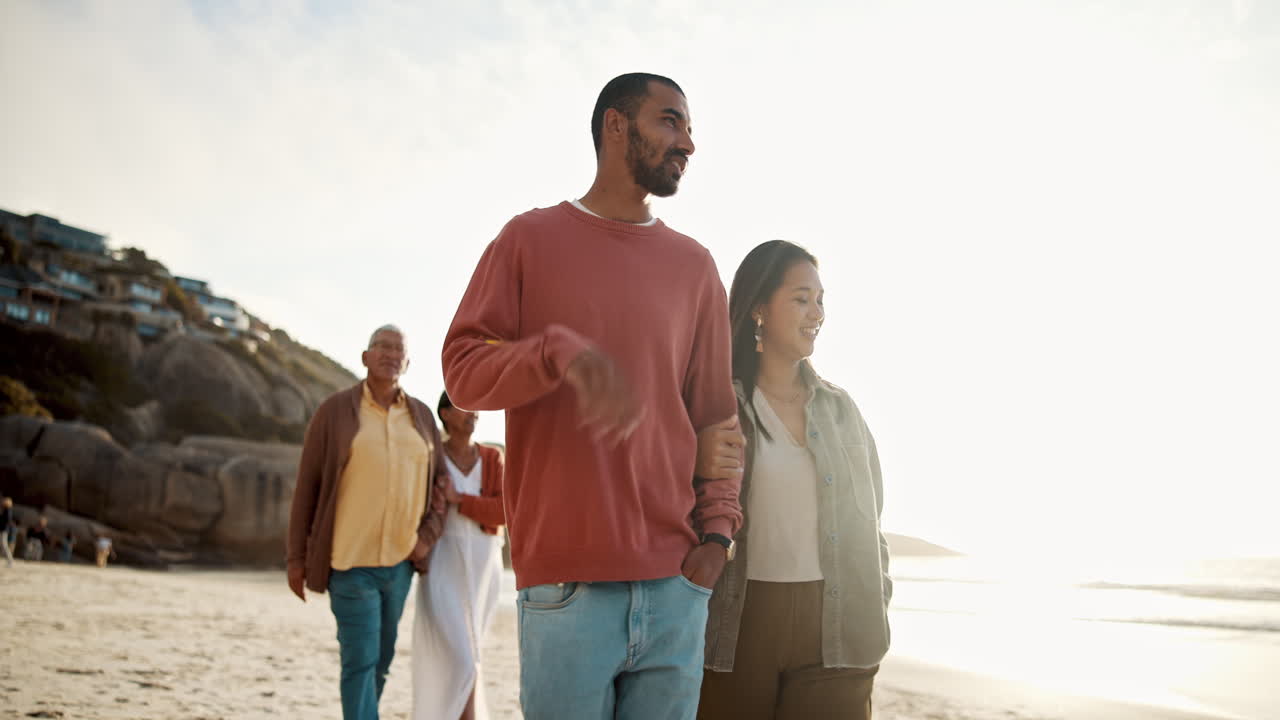 Family, walking and beach with smile