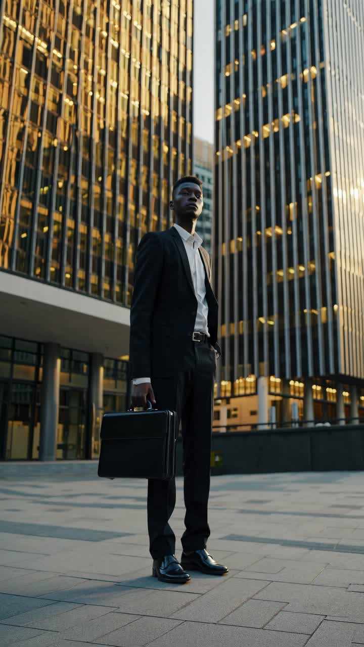 A low-angle video shot of a confident businessman in a suit holding a briefcase