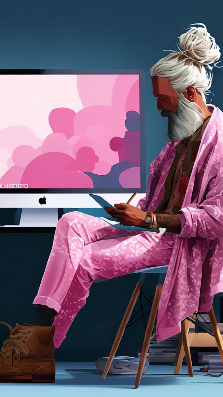 A creative individual immersed in artistic expression, seated comfortably in a stylish outfit, within a vibrantly colored workspace featuring soft pastel tones
