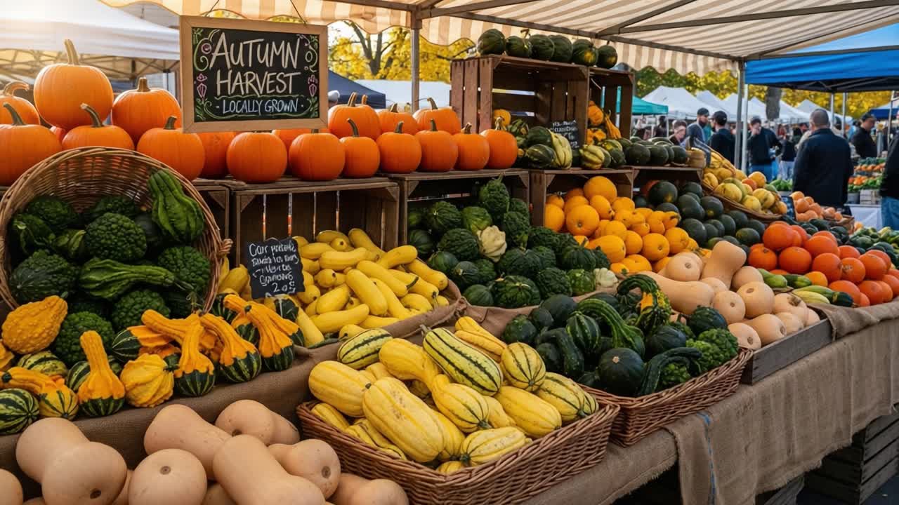 Vibrant Autumn Harvest Display at a Market Featuring Freshly Gathered Vegetables and Pumpkins, Capturing the Essence of Seasonal Abundance and Local Farming