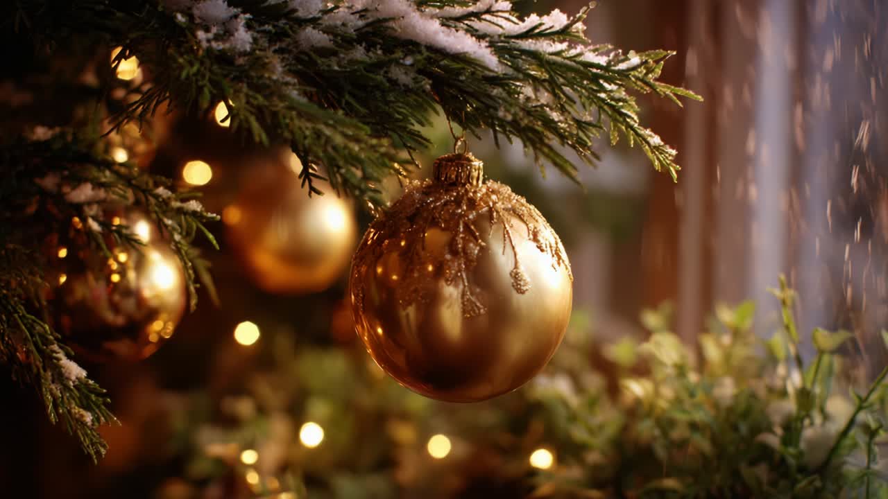 Una splendida scena natalizia con decorazioni dorate che pendono elegantemente da un albero sempreverde spolverato di neve, illuminato da calde luci scintillanti, che cattura l'essenza della gioia e della tranquillità delle feste.