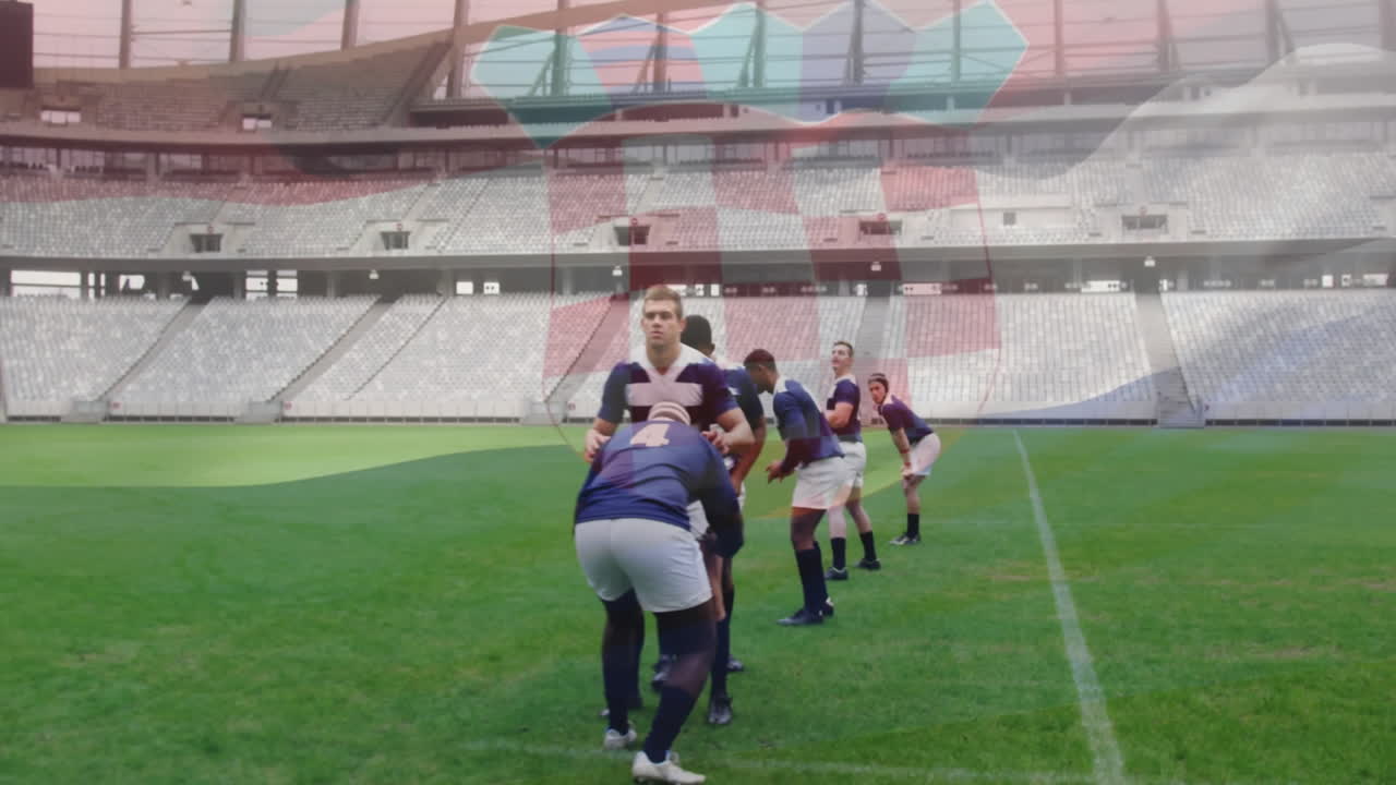 Practicing lineout drill, rugby players on green field in large stadium animation