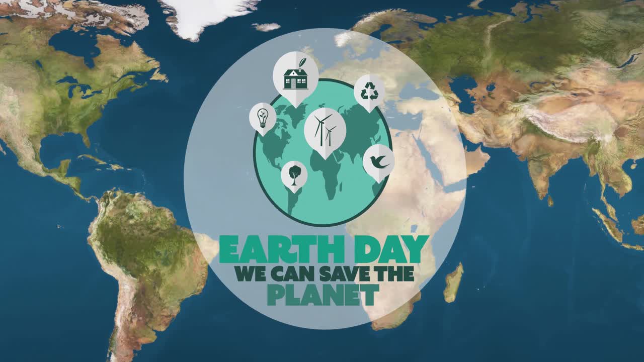 Animazione del testo "Giornata della Terra" e del logo del globo verde su una mappa del mondo