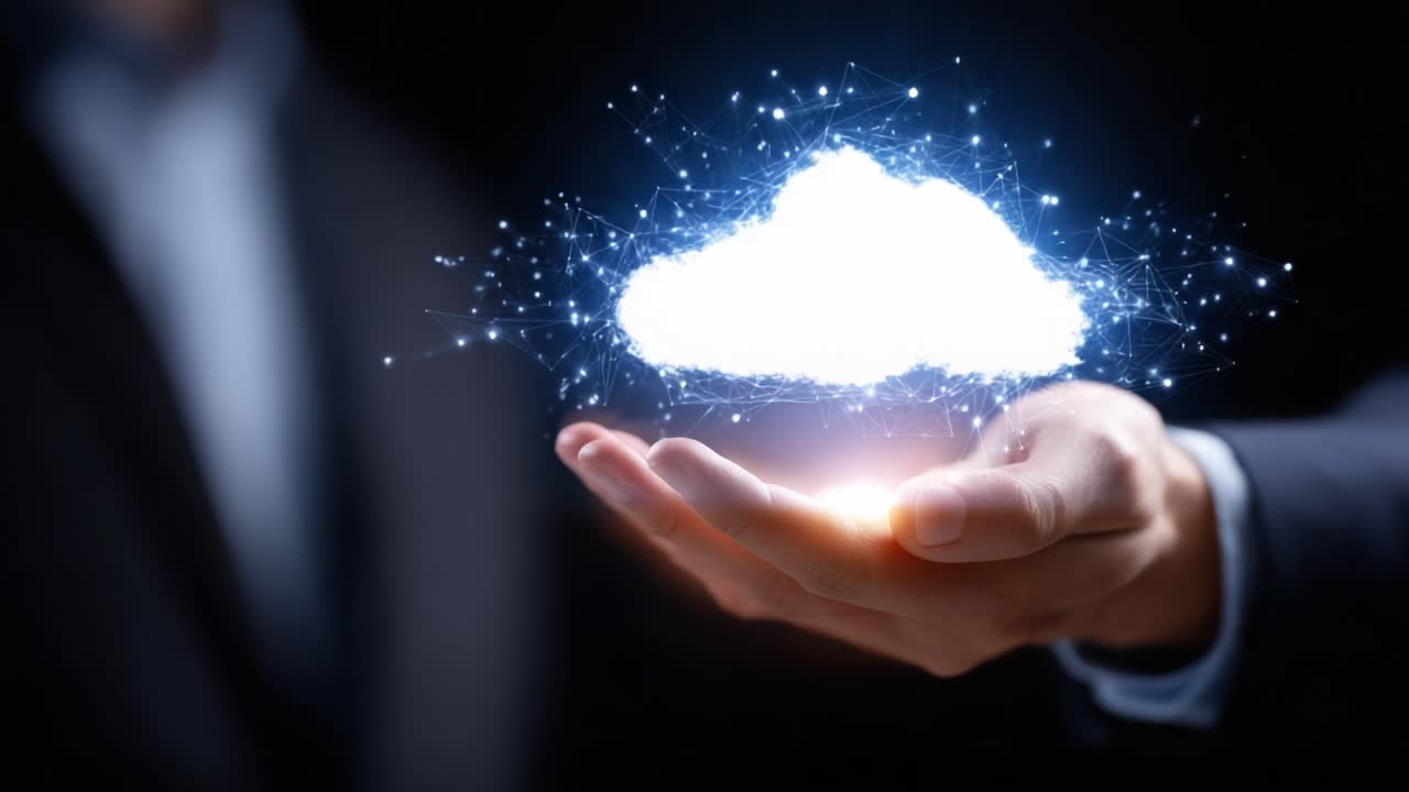 Innovative Digital Solutions: A Futuristic Representation of Cloud Computing in a Business Context, Showcased by a Hand-Held Cloud of Data and Connectivity
