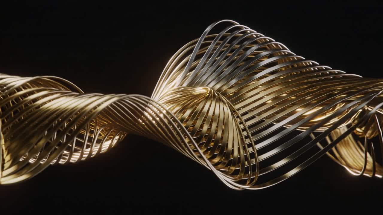 Vertical video: Metal ribbon curling into knot on set, zoom showing gold silver slats for design