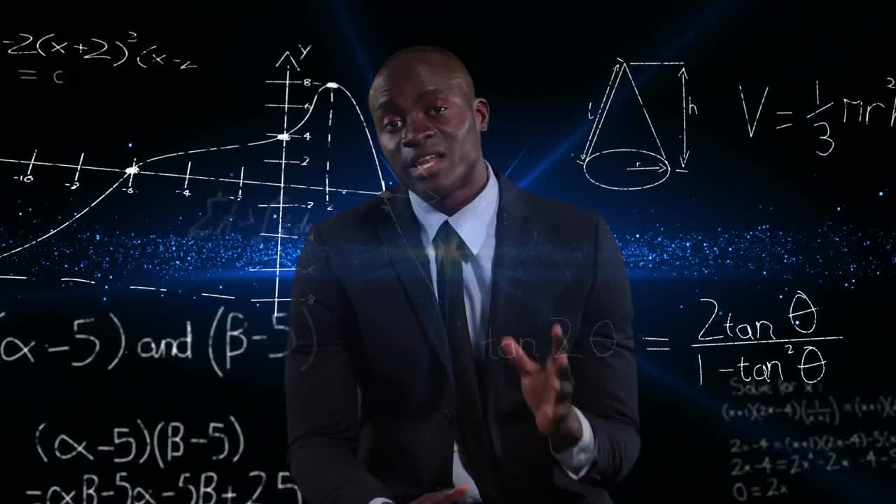 Animation of businessman over mathematical data processing