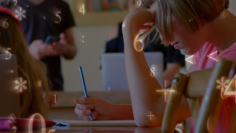 schoolchildren studying while numbers and symbols move