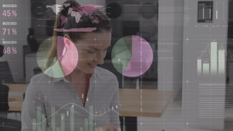 animación de procesamiento de datos estadísticos sobre mujer caucásica sonriendo mientras usa la tableta en la oficina