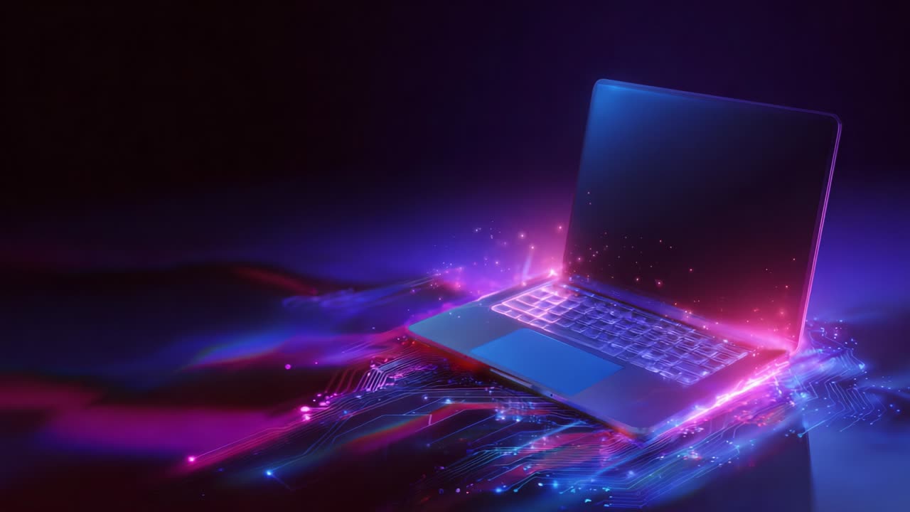 A Stunning Visualization of a Laptop Surrounded by a Vibrant Electronic Aura, Highlighting Technological Connectivity and Electric Energy in a Modern Digital Landscape