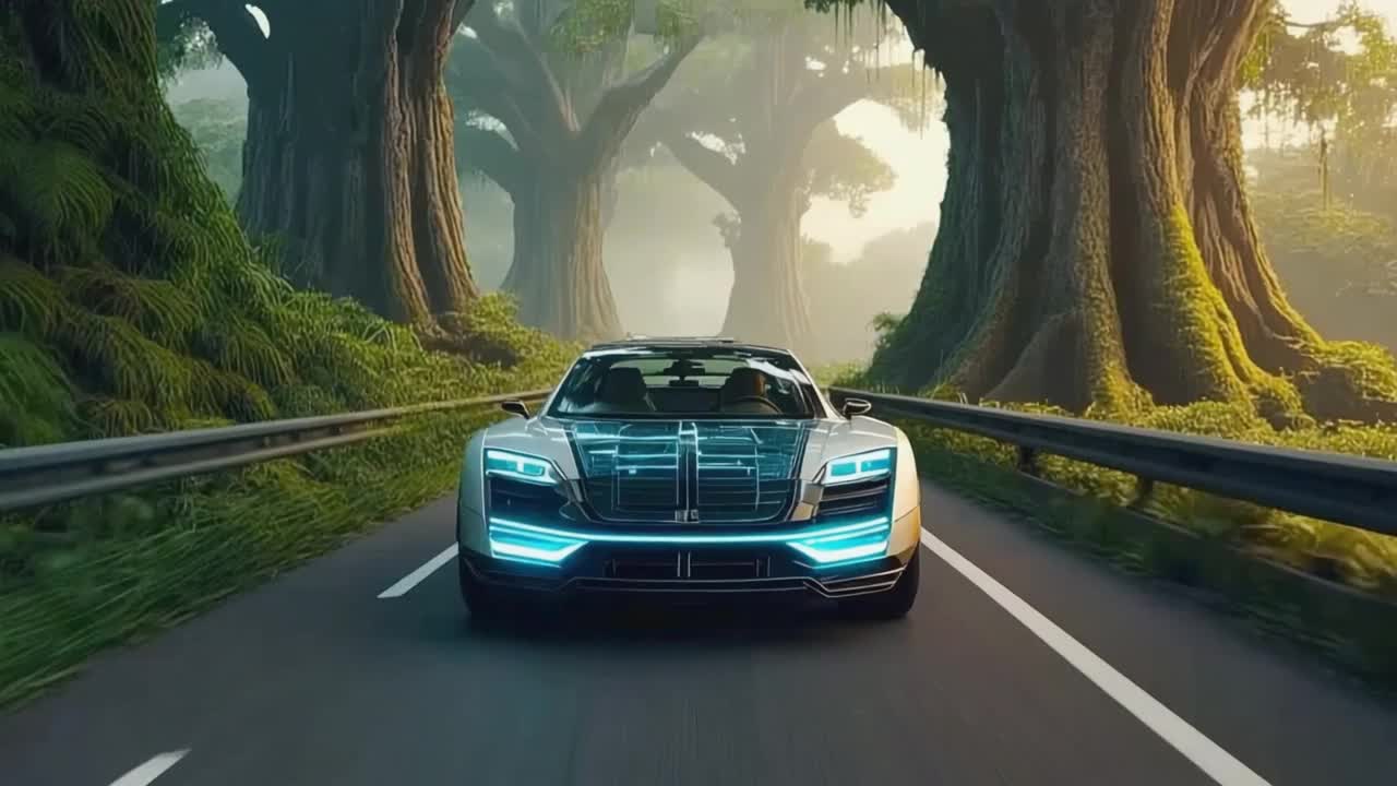 Futuristic Car Driving Through an Enchanted Forest Road