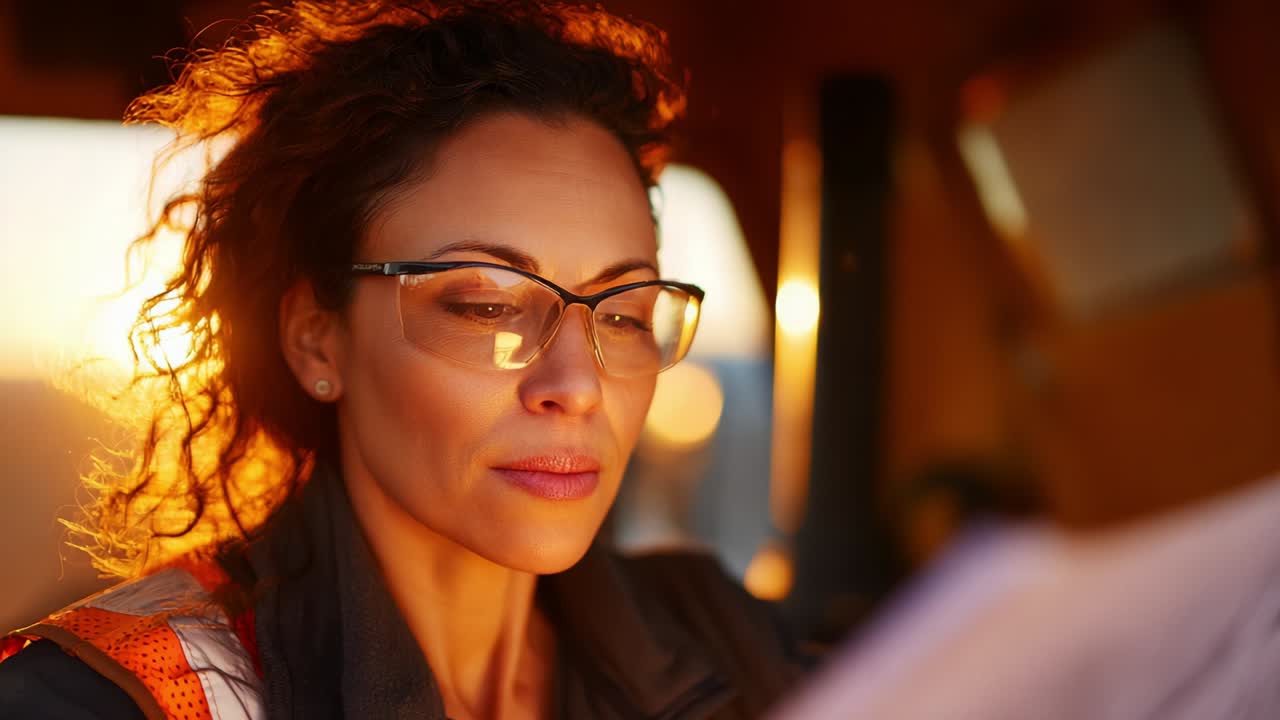 A focused individual studying plans with determination and attention to detail during twilight, illuminated by warm sunset light, showcasing commitment to work and strong concentration on task at hand