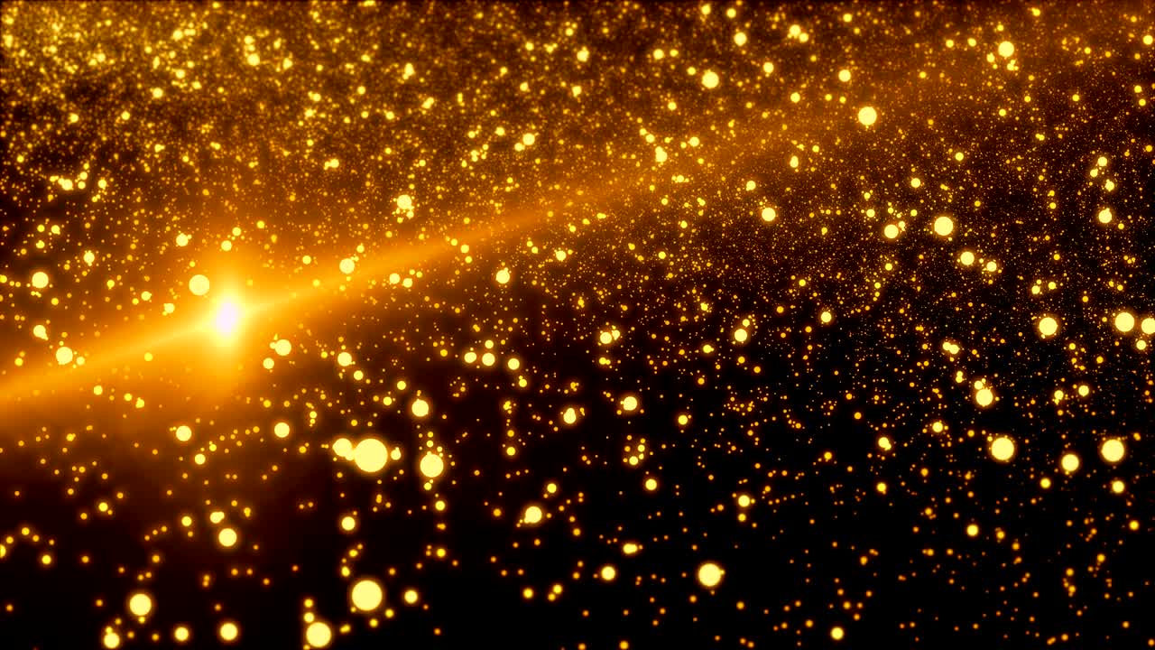 추상적인 먼지 불꽃과 황금 별, 미래 기술 디지털, 비행 행성, 데이터 포인트의 스플래시, 애니메이션 3d 렌더링