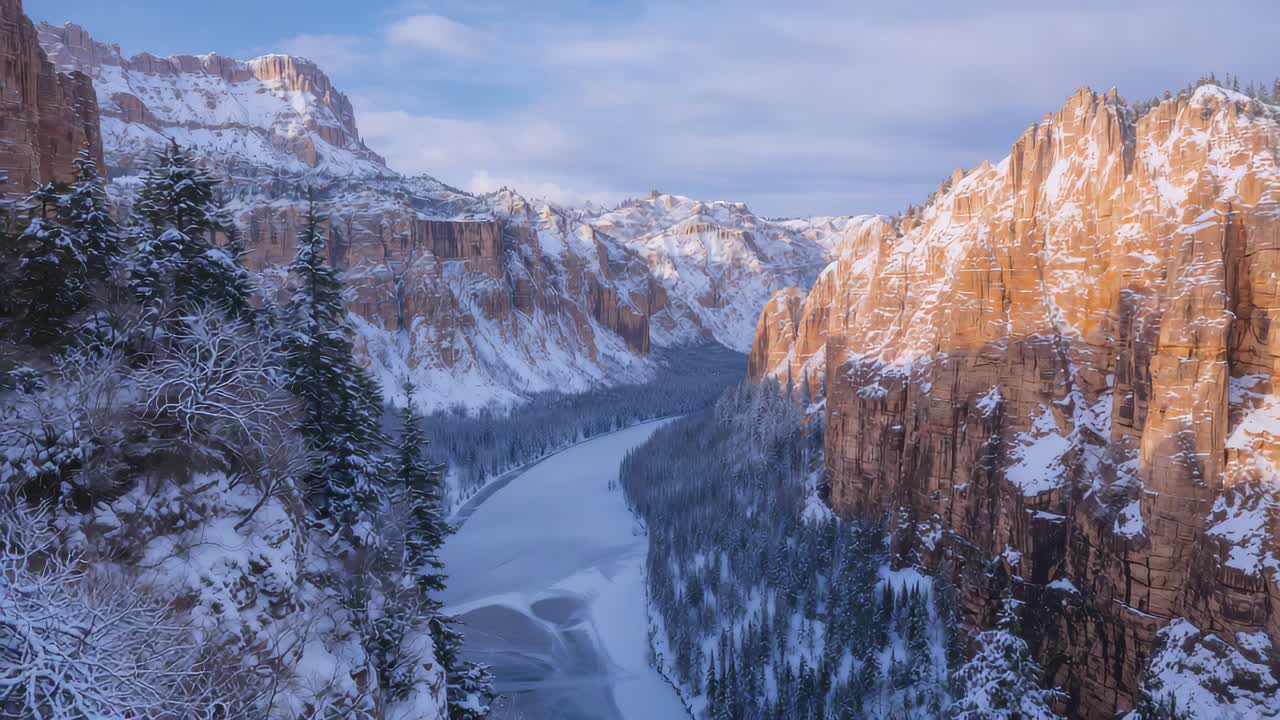 Gliding aerial camera revealing snowy canyon with winding frozen river, cliffs and pines on ridge