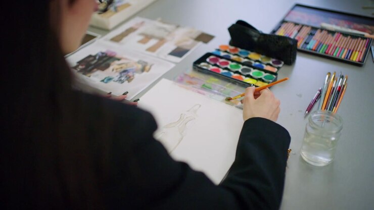 Primo piano di una mano che dipinge uno schizzo di figura di moda, mentre una tavolozza di acquerelli, un vassoio per colori, pennelli, una penna e un bicchiere d'acqua sono nelle vicinanze.