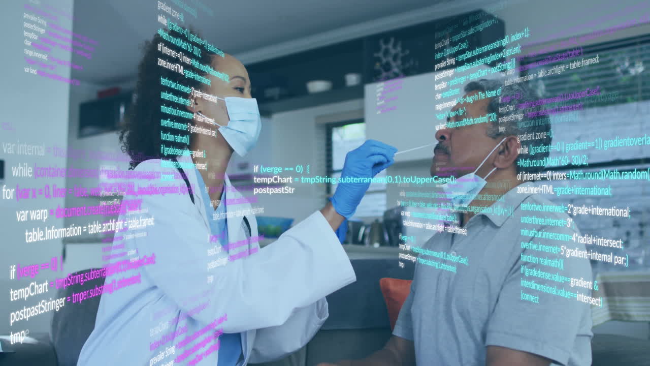 female healthcare worker administering nasal swab to senior patient in home, showing code overlay