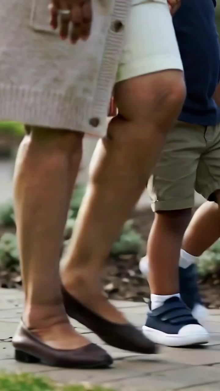 Vertical video: Walking from left, adult guiding child on path, helping practice steps, navy shoes