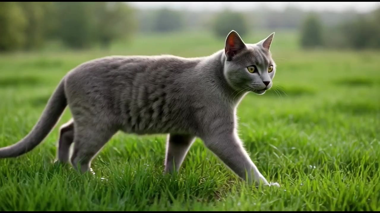 Gatto grigio che cammina nell'erba verde in un prato