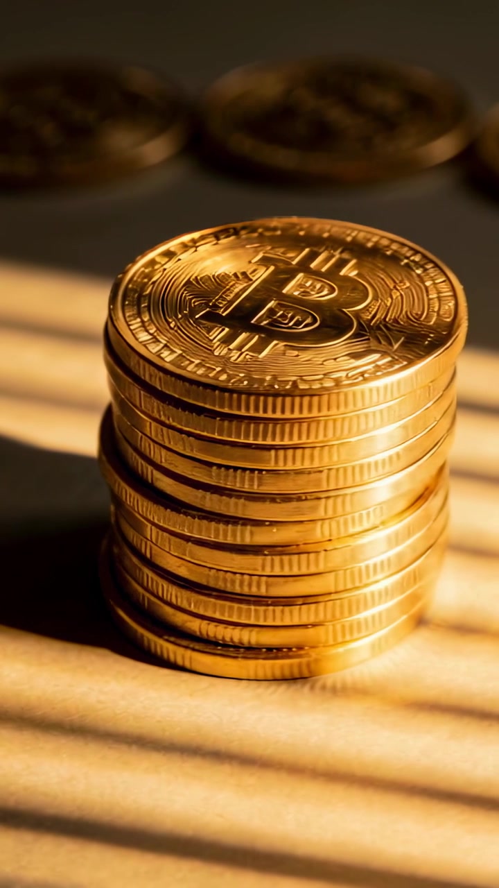 Vertical video: Blinds casting shadows camera zooming in on gold Bitcoin stack on desk showing logo