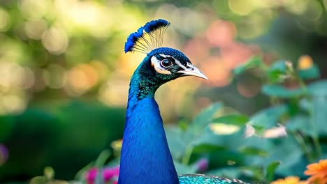 a peacock standing in a field of flowers