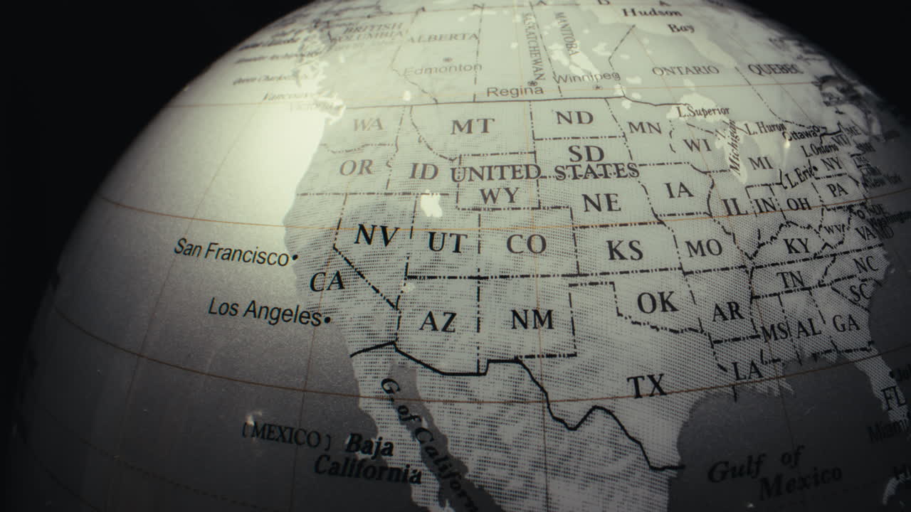 Close-up view of a world map focusing on the Western United States.