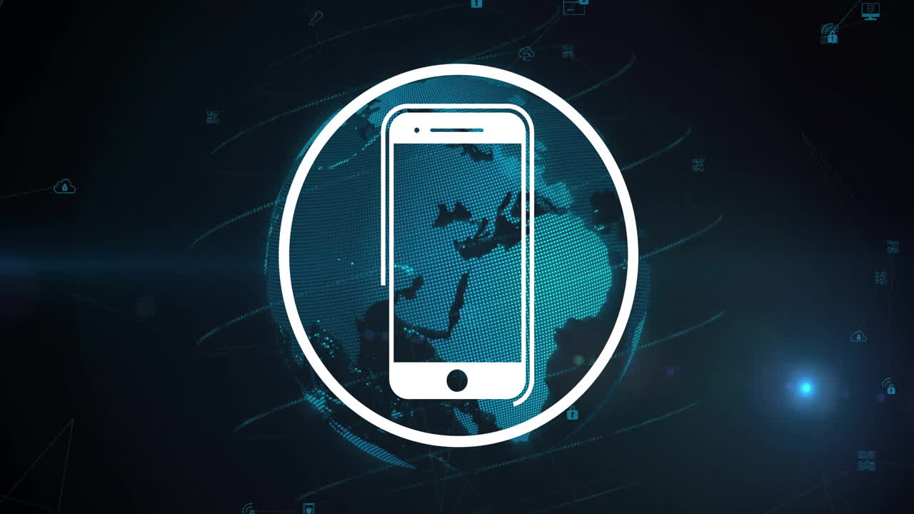 animación del icono del teléfono inteligente y procesamiento de datos en todo el mundo sobre fondo negro
