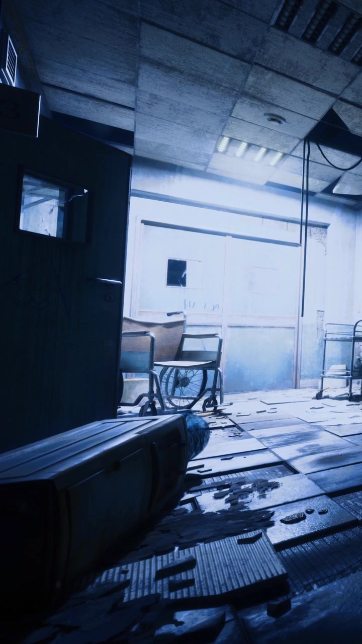 Abandoned room with a wheelchair and scattered debris in dim light