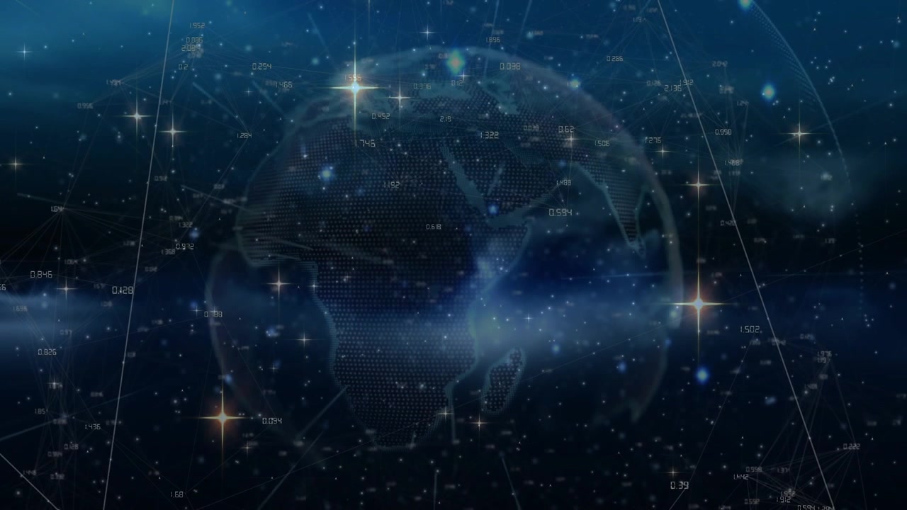 All'avvio, globo olografico che ruota, linea di connessione che scorre, punti dati che fluttuano, mostrando dati di rete.