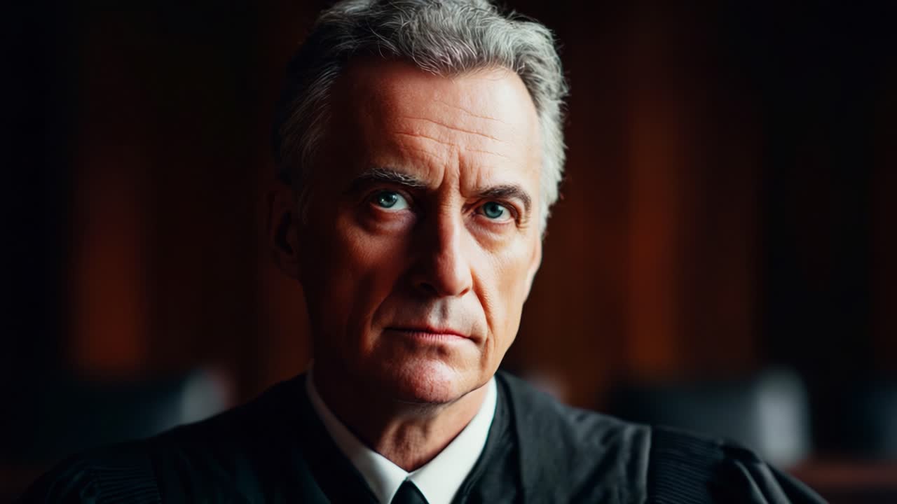 A serious and focused judge sitting in a courtroom, portraying authority and contemplation during a critical moment of deliberation as the legal proceedings unfold