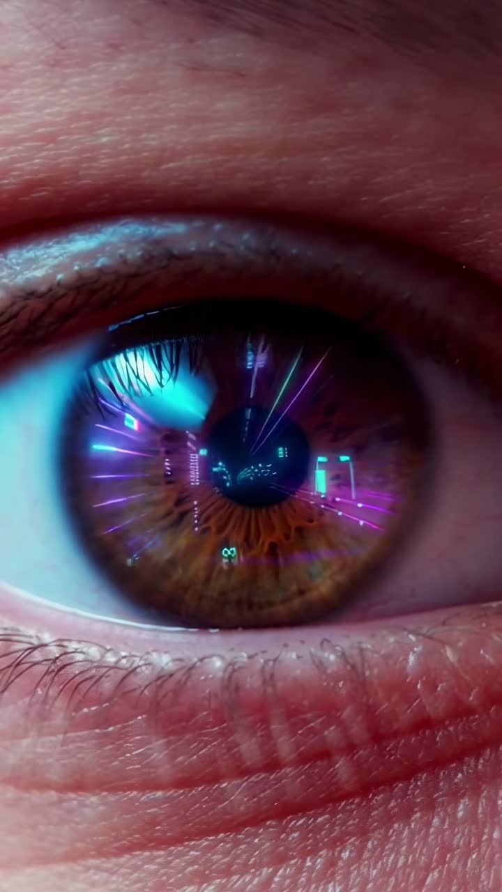Close-up of an eye reflecting neon city lights, capturing a futuristic video vibe